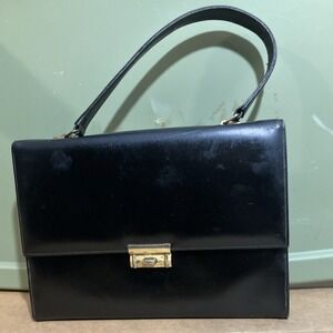 Martin Black Leather Top Handle Handbag, Gold Hardware, Accordion Purse